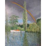 Gerry B Gibbs 2010 oil on board "Rainbow over the river" gilt framed, The painting measures 49 x