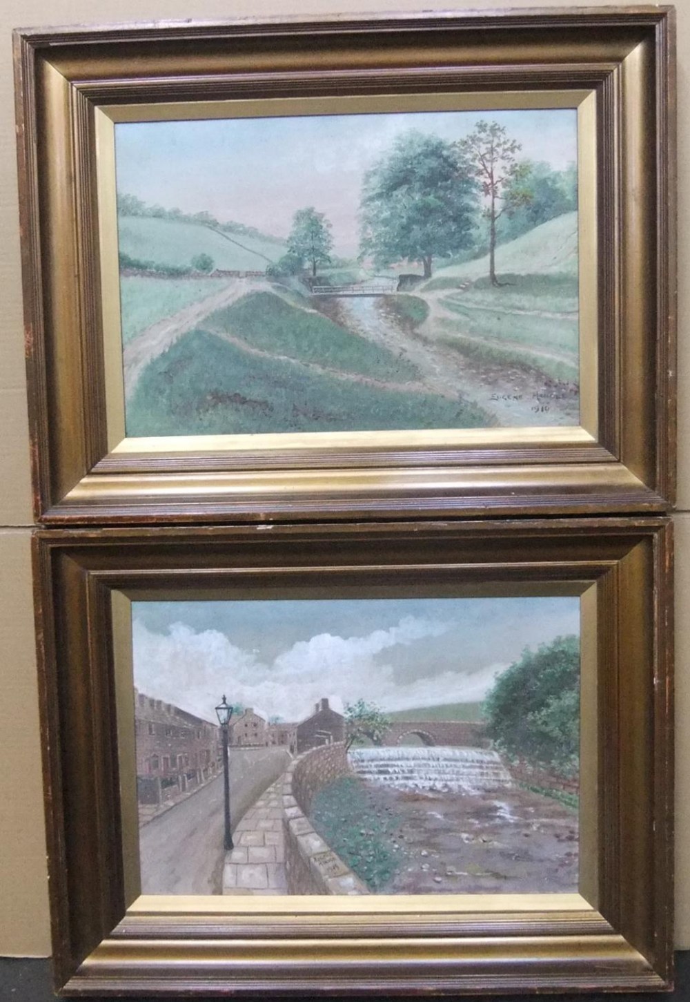 Pair of Eugene Hindle 1919 naive school oil on canvas, "Northern landscape scenes" in original,