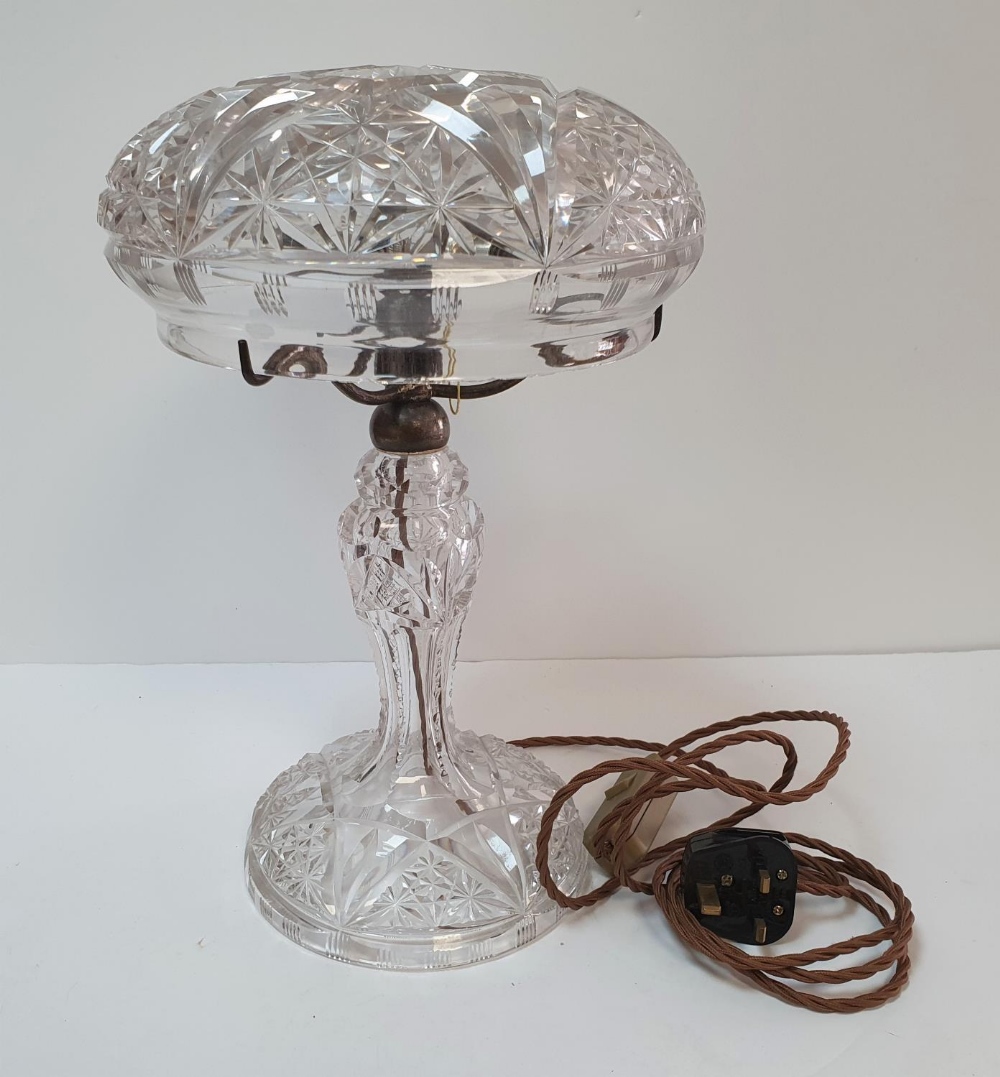 Mid 20thC cut-glass "Mushroom" 2-part table lamp, re-wired and appears in fine condition without any