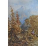 Unsigned, 19thC watercolour of a girl & 2 goats in Alpine landscape" in fine, original gilt