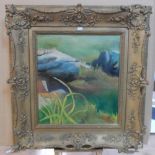 Nigel Whitehead 1975 modernist abstract oil on board, in fine old gilt plaster frame, The oil