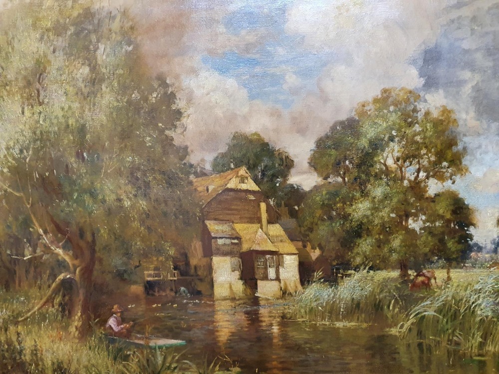 Unsigned, large, early 20thC oil on canvas "Barn from across the pond", circle of Edmond Marie