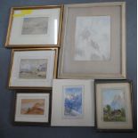 Collection of 6 early 20thC Alpine scene watercolours by different artists (6), five framed