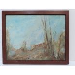 Unsigned French post-impressionist oil on board, "Landscape with 2 houses on the skyline", wood