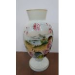 Victorian hand painted milk glass vase, marked "8" to base, 34 cm high 1 small chip to rim but