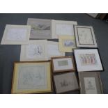 Qty of 6 19thC w/c, pencil & pen drawings, all framed together with a qty of unframed drawings (Qty)