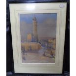 E.L.C.S initialed Edwardian watercolour "Arab town" in thin ebonised wood frame, The w/c measures 32