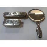 Birmingham 1906 silver backed 3-piece vanity set comprising mirror, brush & trinket box, each