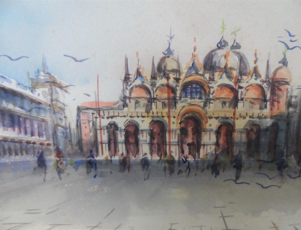 Indistinctly signed watercolour "St Marks square Venice", framed, The w/c measures 26 x 32 cm - Image 4 of 5