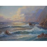 Indistinctly signed, late 20thC oil on canvas, "Rocky coastal scene" framed, The oil measures 58 x