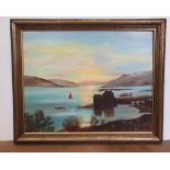 Chiki Wood 1977 oil on board, "Eileen Donan castle", signed, framed, The oil measures 39 x 50 cm