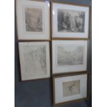 Five mid 19thC pencil drawings, 3 signed A Cust, all framed