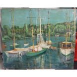 Large 1950s oil on canvas, "Tied up Yachts" by Roland Pottier, unframed, 61 x 73 cm