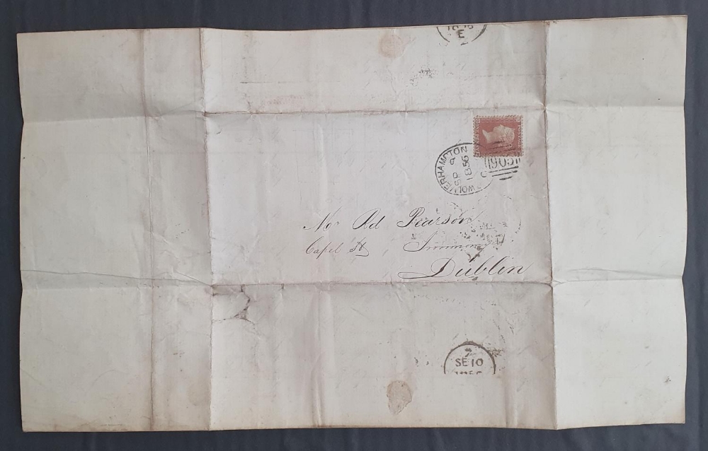 QV 1d red on envelope to Dublin with 2 good Wolverhampton cancellations - Image 2 of 2