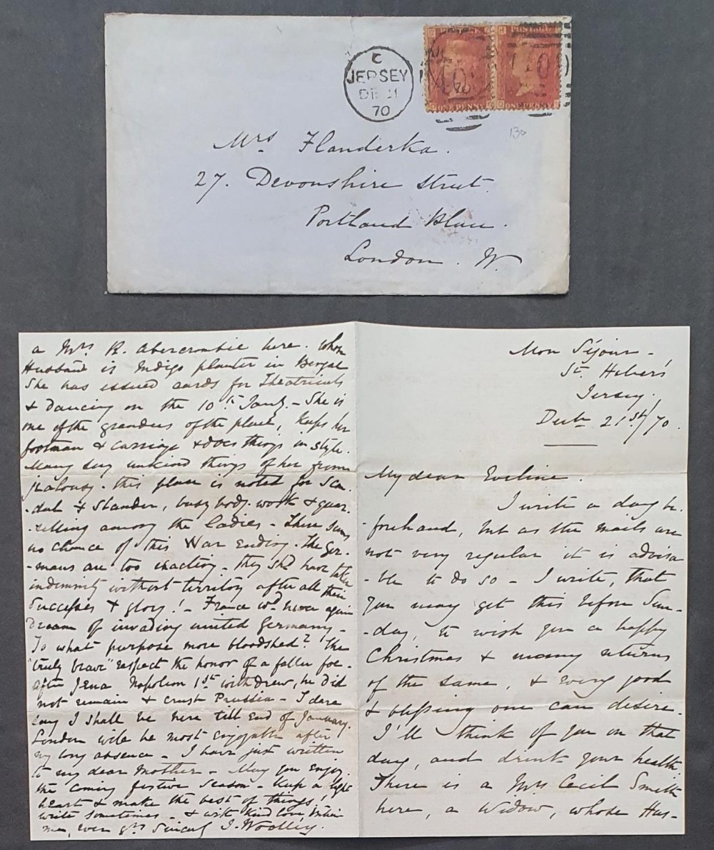 QV pair of 1d reds on 1870 rare, clear JERSEY cancellation, with original letter