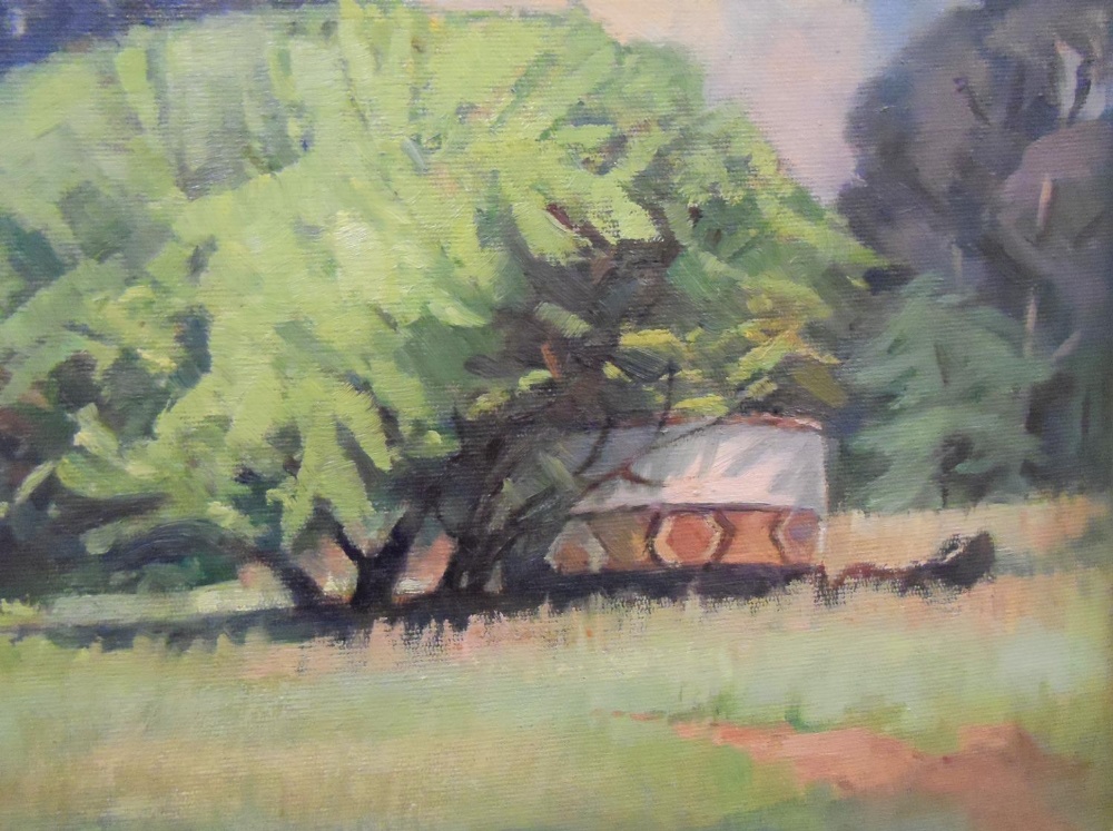 G Halstead 2000 oil on board, "South African landscape at Randburg", framed, The oil measures 21 x