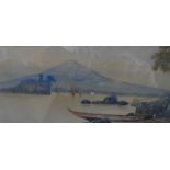 Signed, early 20thC Japanese watercolour depicting Mount Fuji from across the water, framed The w/