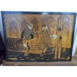 Large, early 20thC pokerwork panel depicting medieval figures getting into a gondola, signed T