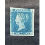 QV 1841 2d blue (T-L) plate 4, with 3 good margins & RARE SG - £1,000