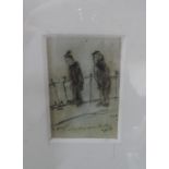 Circle of John Thompson, small pencil drawing, 2 men by a fence, in a larger mount and thin frame,