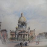 Indistinctly signed pastel, figures before a large building, framed and glazed, 21 x 25 cm