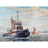 Eddie Fisher 1976 oil on canvas, "Tug boat off Liverpool", signed and dated, The oil measures 35 x