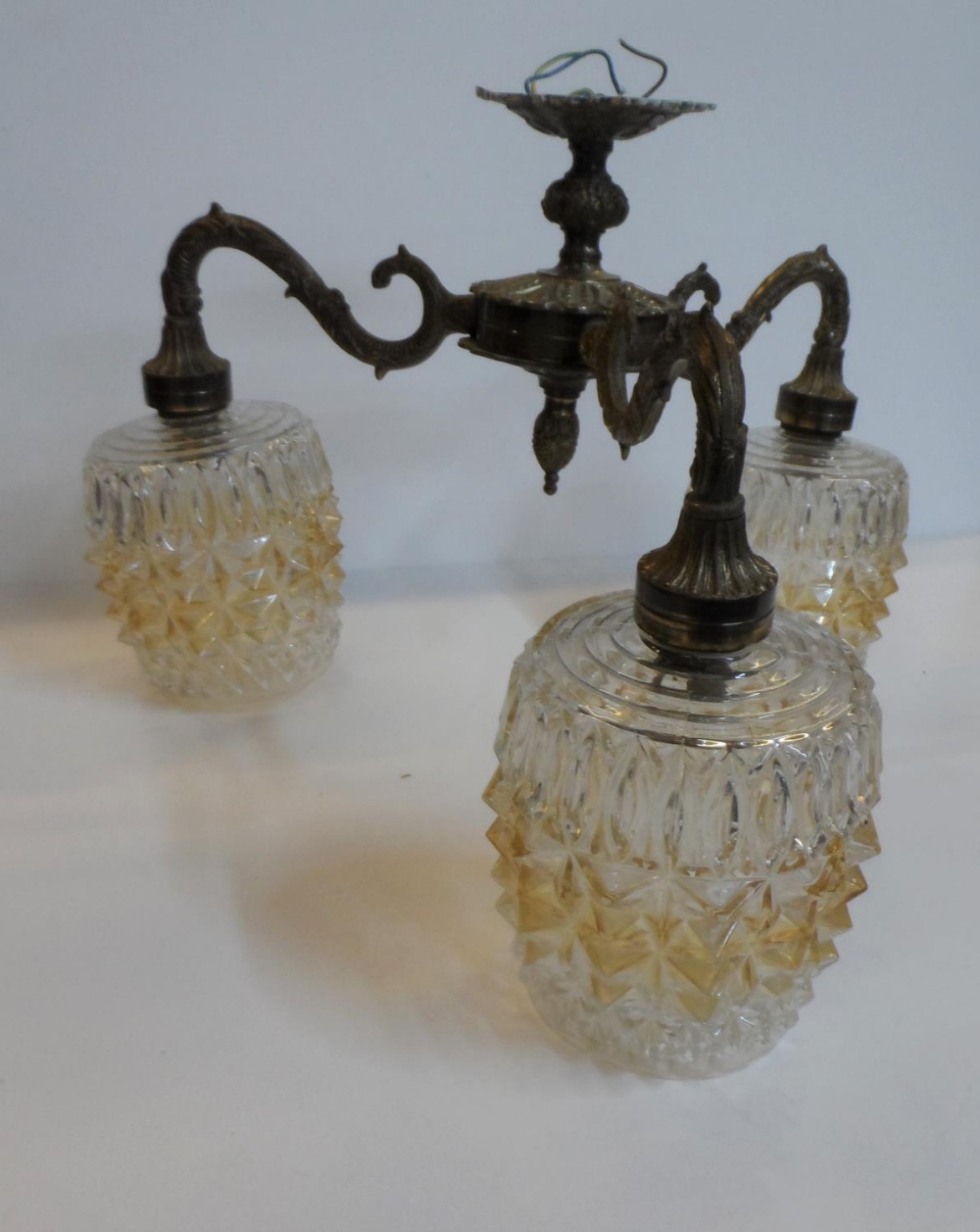 Early 20thC ceiling lights with 3 original glass light fittings on brass fixture - Image 2 of 2