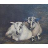 Large, indistinctly signed and dated Victorian oil on canvas, "2 lambs in barn interior", framed,