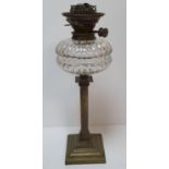 Fine quality antique brass column oil lamp, Approx 48 cm tall No flute or shade