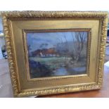 Fine quality, Edwardian oil on wood panel depicting a country cottage in its original Watts