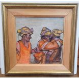 Chris Last 2016 oil on board, "Miners embracing after the last shift at Kellingley Colliery North