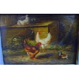 Unsigned, small oil on chamfered oak panel "Chickens in interior" in heavy wide, painted, wood