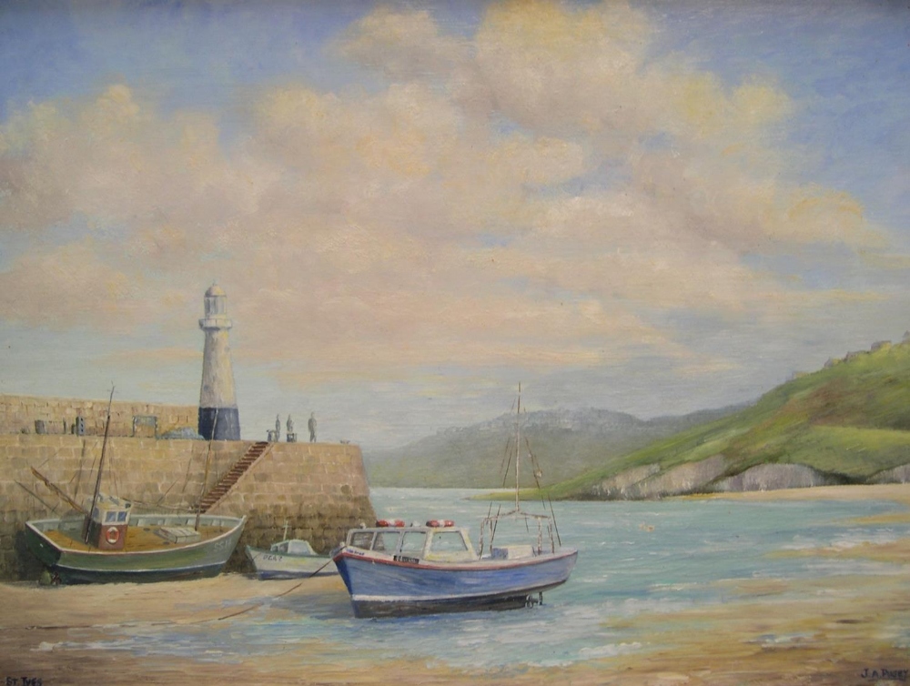 J A Pusey 1980s oil on board, "Harbour, St Ives, Cornwall" modern oak frame, 29 x 40 cm