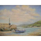 J A Pusey 1980s oil on board, "Harbour, St Ives, Cornwall" modern oak frame, 29 x 40 cm