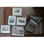 Box of eleven 19thC hunting/stage-coach prints, mainly in thin ebonised frames