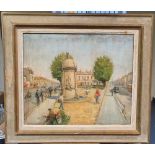 Mid 20thC oil on board, "Busy French town scene" in original wide wood frame, unsigned, 39 x 46 cm