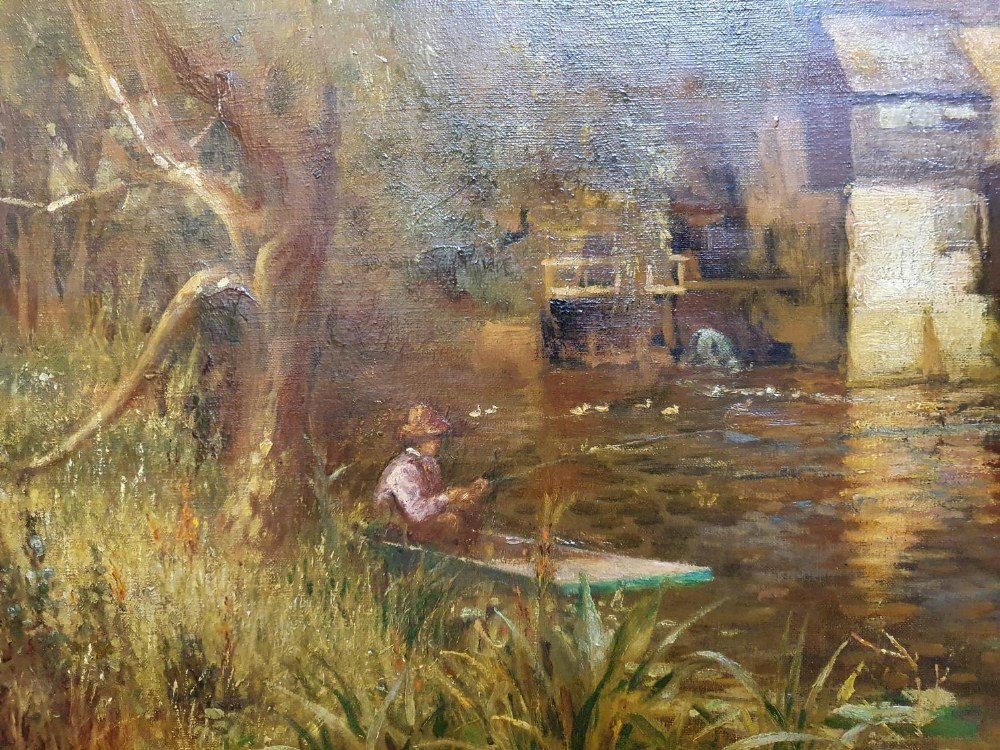 Unsigned, large, early 20thC oil on canvas "Barn from across the pond", circle of Edmond Marie - Image 3 of 5