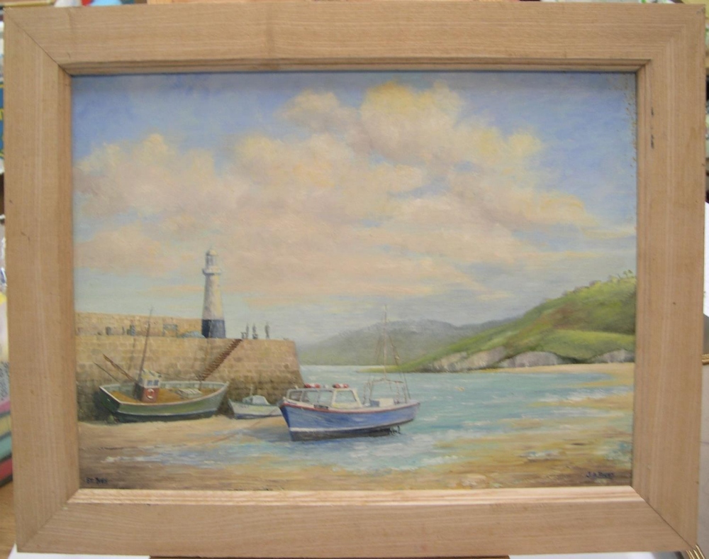 J A Pusey 1980s oil on board, "Harbour, St Ives, Cornwall" modern oak frame, 29 x 40 cm - Image 2 of 5