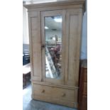 Victorian stripped pine wardrobe with original mirror, The wardrobe measures approx 2m high by 1m