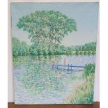 Gerry B Gibbs 1984 impasto oil on canvas "Sunny day in the lake", signed, unframed, The oil measures