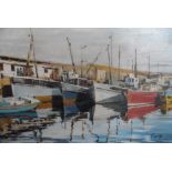 20thC oil on board, painting depicting Cornish fishing boats in harbour signed Hubard, framed, The