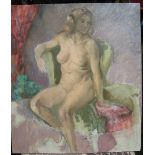 Unsigned mid 20thC oil on wood panel, "Seated female nude, unframed, 44 x 39 cm