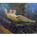 Superb, early 20thC unsigned, stylish Dutch impressionist oil on canvas "Resting naked female on