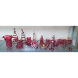 Large collection of antique & vintage cranberry glass to include a cranberry glass sugar shaker with