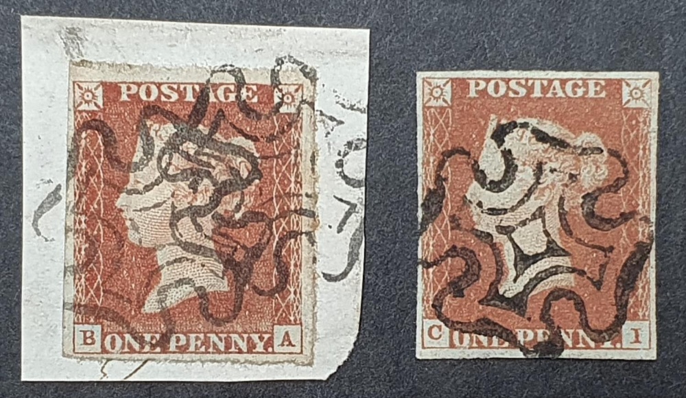 2 RARE - QV Penny Blacks (B-A & C-I), plate 9, both printed in RED instead of BLACK