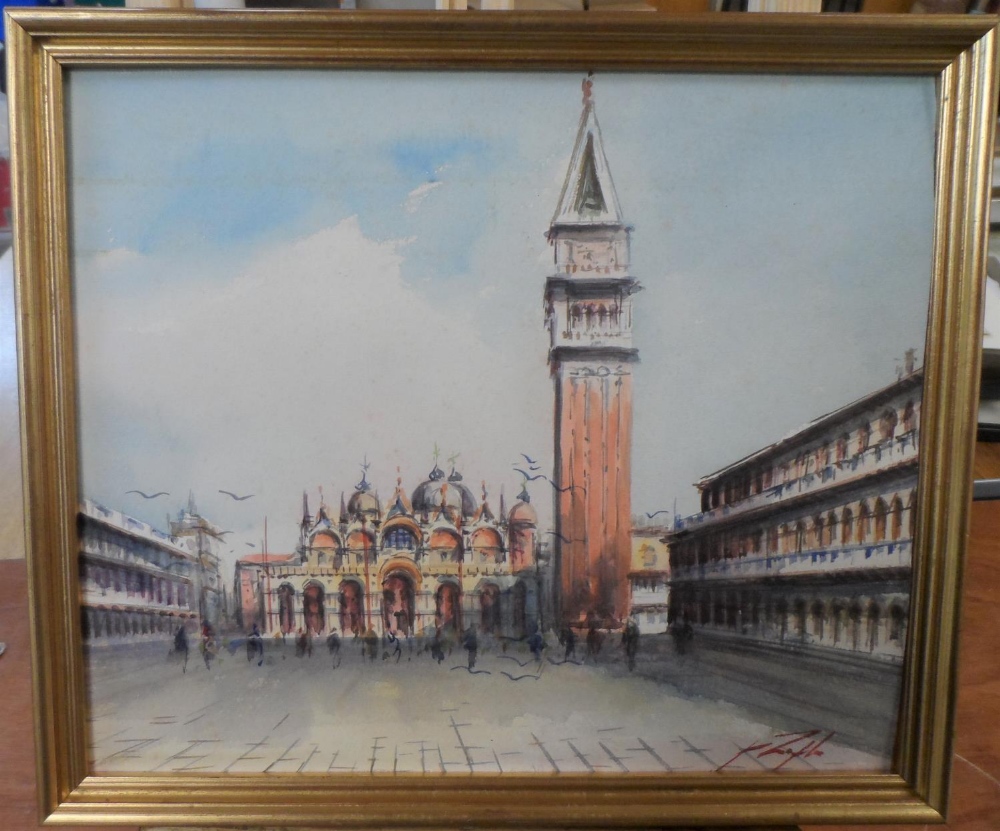 Indistinctly signed watercolour "St Marks square Venice", framed, The w/c measures 26 x 32 cm - Image 2 of 5
