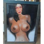 Large, unsigned pastel portrait of a topless brunette, wood framed, The portrait measures 80 x 59 cm