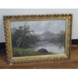Indistinctly signed Edwardian lake scene oil on canvas, in superb original frame, The oil measures
