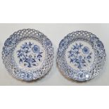 Pair of circa 1910 Hand Painted Meissen Onion Plates with Pierced Border, Each plate measures 21