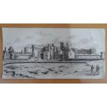 Alfred Bowyer Clayton (1795-1855) 1830s pen & ink "Beaumaris castle, Anglesey", unframed, 13 x 25